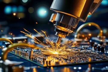 Robotic arm assembling microchip on circuit board in electronics factory