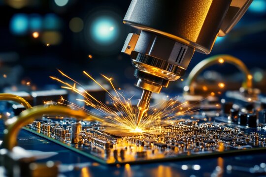 Robotic arm assembling microchip on circuit board in electronics factory