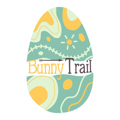 Easter egg design with text - Bunny Trail. Easter holiday symbol egg hunt in colorful flat style. Retro art decoration. Stock icon illustration clipart