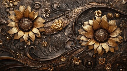 Obraz premium Golden Sunflowers Embellished With Intricate Bronze Floral Designs