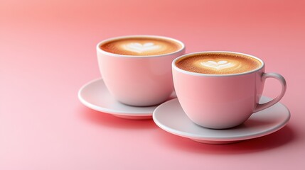 Two elegant coffee cups with latte art on a pastel pink background, perfect for cozy mornings and coffee shop aesthetics, showcasing warmth and comfort.