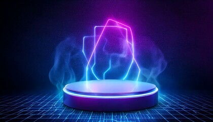 Cylinder flying podium with neon glowing abstract geometric shapes on wall and smoke clouds. Realistic 3d vector illustration of purple and blue luminous hi tech product platform on dark background.