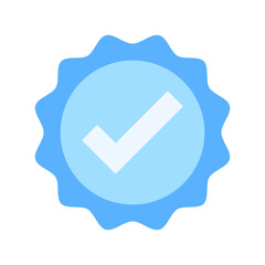 A minimalist blue badge icon vector with a white checkmark at the center, symbolizing verification and approval. Clean design, perfect for branding or digital use