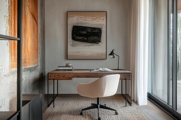 A photo of the most beautiful home office interior design in earth tones, with a wood desk and an...