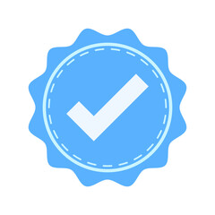 A minimalist blue badge icon vector with a white checkmark at the center, symbolizing verification and approval. Clean design, perfect for branding or digital use