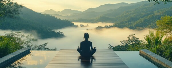 A peaceful meditation retreat surrounded by mountains and mist, 4K photo.
