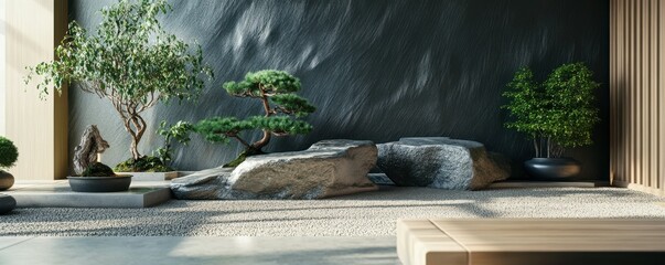 A peaceful Zen garden with raked gravel and bonsai trees, 4K photo.