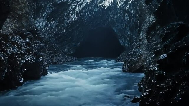Flowing underground river in dark cave