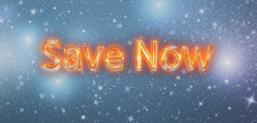 "Save Now" glowing orange text on sparkling blue background.