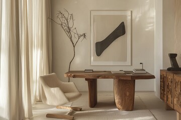 Stylish interior of a modern home office with an abstract poster on the wall, a wooden desk, and an armchair in neutral beige tones. The contemporary design and home decor have a boho style aesthetic