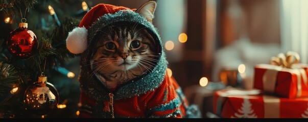 A pet wearing a festive costume, sitting next to a Christmas tree, 4k photo.