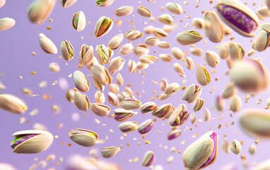 Floating pistachios in motion, creating a spiral effect on a pastel lavender surface