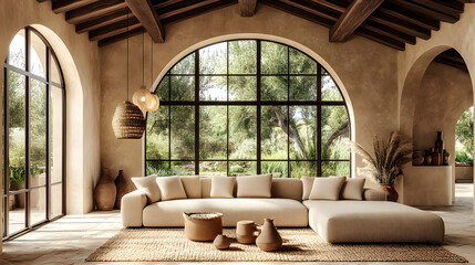 Spacious living room with large arched windows and natural light.