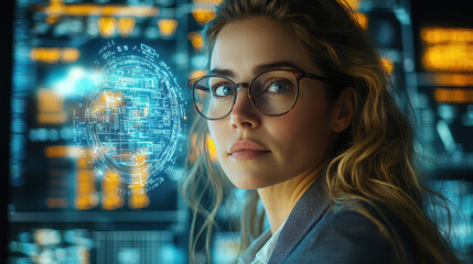 Confident female cybersecurity specialist analyzing complex network data through a holographic interface in a futuristic workspace