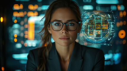 Confident female cybersecurity specialist analyzing complex network diagrams in a high-tech environment