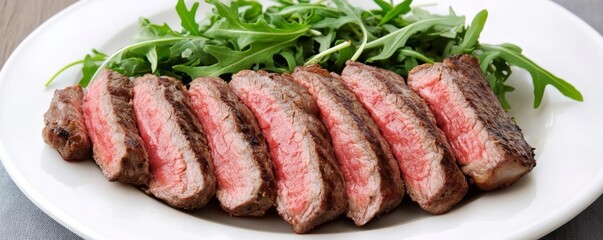 Fototapeta premium Ribeye steak cooked rare, sliced thin, and paired with a light arugula salad