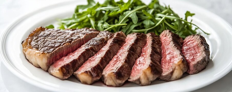 Ribeye steak cooked rare, sliced thin, and paired with a light arugula salad