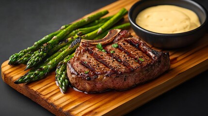 Ribeye steak on a cedar plank, paired with grilled asparagus and hollandaise sauce