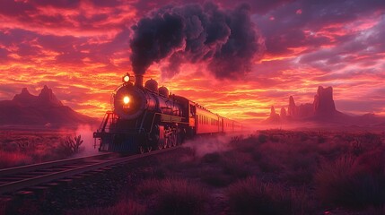 Fototapeta premium Vintage Steam Train in Dramatic Sunset Over Scenic Landscape