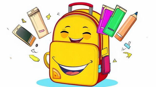 A cheerful cartoon backpack with a smiling face, bright yellow and red colors, and multiple zippers, with various animated school supplies like pencils, notebooks, and erasers bursting out playfully.
