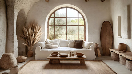 Warm living room with natural light, beige furniture, and soft tones.