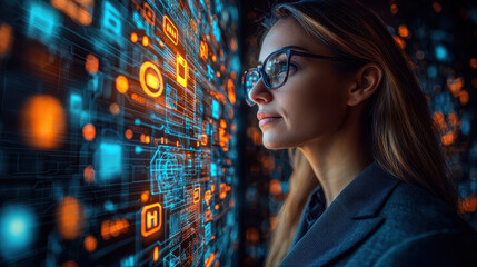 Confident female cybersecurity specialist analyzing complex data through a holographic interface in a high-tech environment
