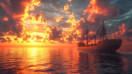 Fototapeta premium Majestic Sunset Over Calm Ocean with Ship Sailing into Horizon
