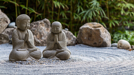 Calmness and simplicity in a zen garden with stone statues. Generative AI