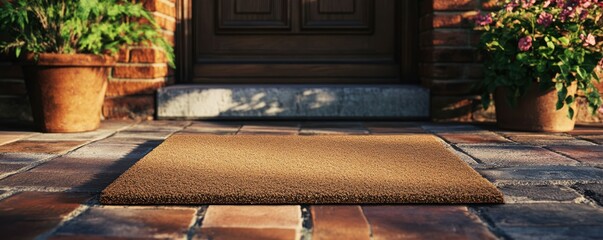A plain doormat on a doorstep, blank surface for custom designs, 4k photo.