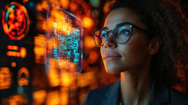Confident female cybersecurity specialist analyzes complex network diagrams on a glowing holographic interface in a modern tech environment - Powered by Adobe