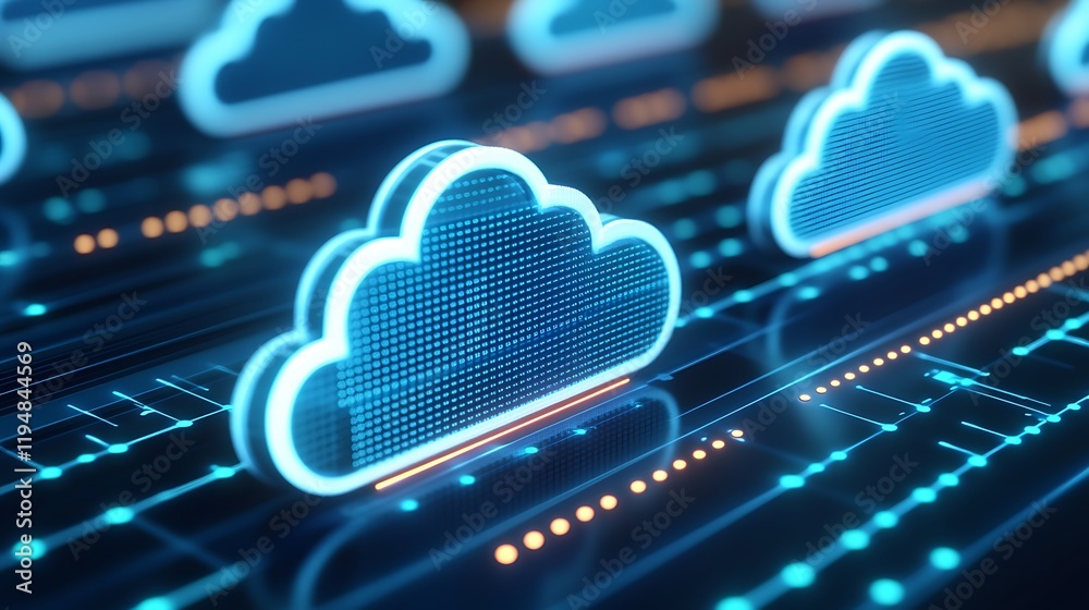 Poster futuristic digital clouds with neon glow and circuit lines representing cloud computing technology c