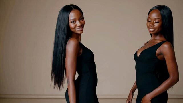 Two beautiful African American women showcasing their glossy, extra-long hair, styled to perfection. Their chic, polished look radiates sophistication and modern beauty