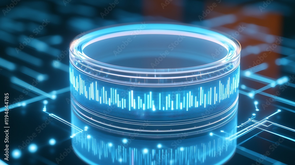 Poster futuristic digital display featuring glowing circular elements and sound wave patterns in abstract t