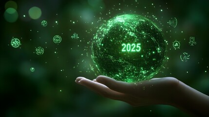 Futuristic Green Globe with 2025 Vision in Hand Concept
