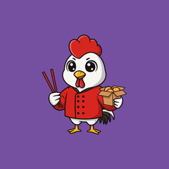 A cute cartoon rooster chef is depicted holding chopsticks and a box of food, possibly in an Asian culinary setting.