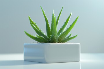 Aloe Vera Plant in Minimalist White Pot with Soft Background Light