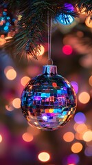 Obraz premium Colorful disco ball ornament hanging from a festive Christmas tree.