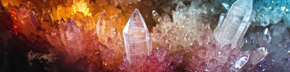 Colorful crystal formation in natural cave illuminated by vibrant light