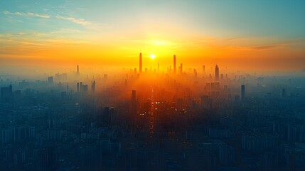 Vibrant Urban Cityscape at Sunrise with Skyscrapers and Mist