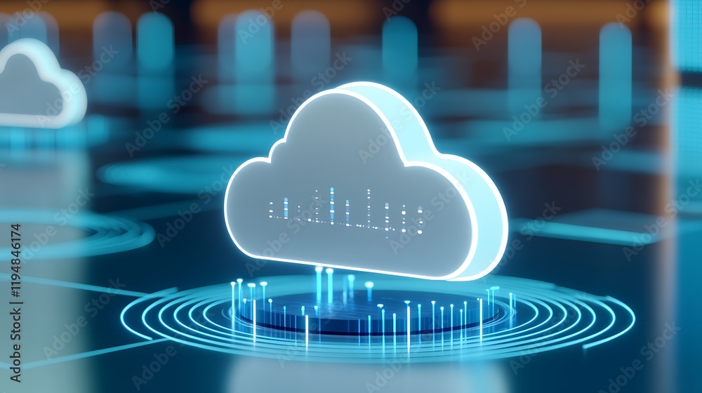 Poster futuristic technology concept with cloud computing and digital data visualization on a virtual surfa