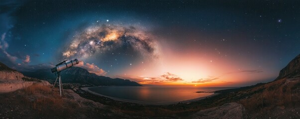 Fototapeta premium A powerful telescope pointing towards the Milky Way under a star-filled sky, 4k photo.