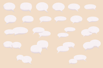 
A collection of white minimalist speech bubbles in a variety of shapes and sizes. The set includes individual bubbles and overlapping pairs, perfect for communication-themed designs, social media pos