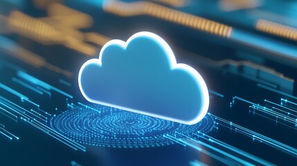 Glowing Cloud Icon Surrounded by Digital Circuits and Data Streams for Technology and Innovation Concepts