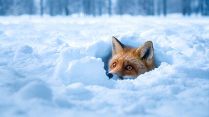 Fototapeta premium The fox's head comes out of a hole in the snow