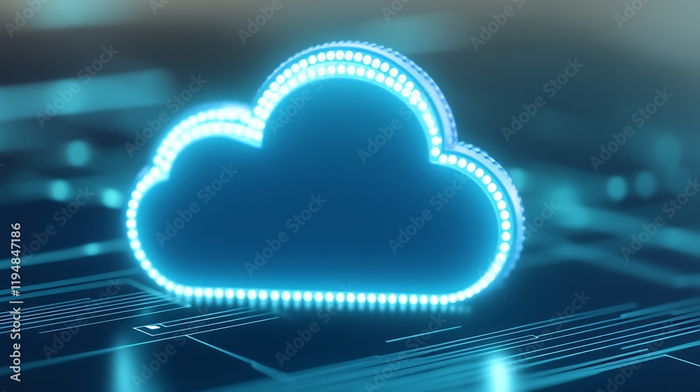 Poster glowing cloud storage icon with digital circuit board background for technology and data management 