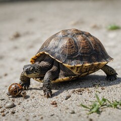 Fototapeta premium A turtle with a small snail on its shell, white background.