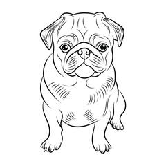 Pug Little Dog Coloring Page for Kids, Puppy in a Garden Outline Vector for Coloring Fun