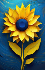 Obraz premium A vibrant yellow sunflower with blue center, surrounded by yellow leaves. The background features a gradient from blue to yellow, with smooth, flowing blue curves adding a dynamic, modern aesthetic. 