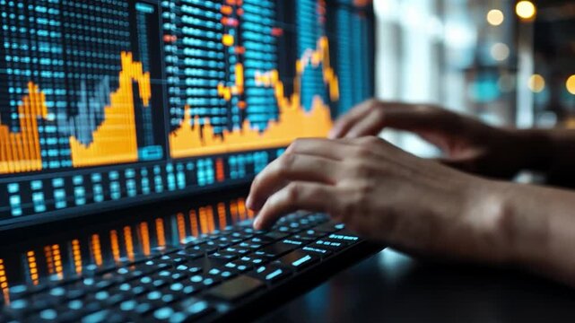 Data Driven Decisions: A close-up shot of hands typing on a keyboard in front of a computer screen displaying stock market data, capturing the dynamic nature of the financial world. 