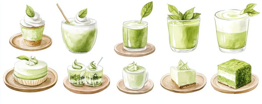 Watercolor set of Iced matcha latte in a glass, spoon with creamy green tea butter,isolated white background,menu matcha cafe,Japanese matcha latte,matcha tea,copy space.